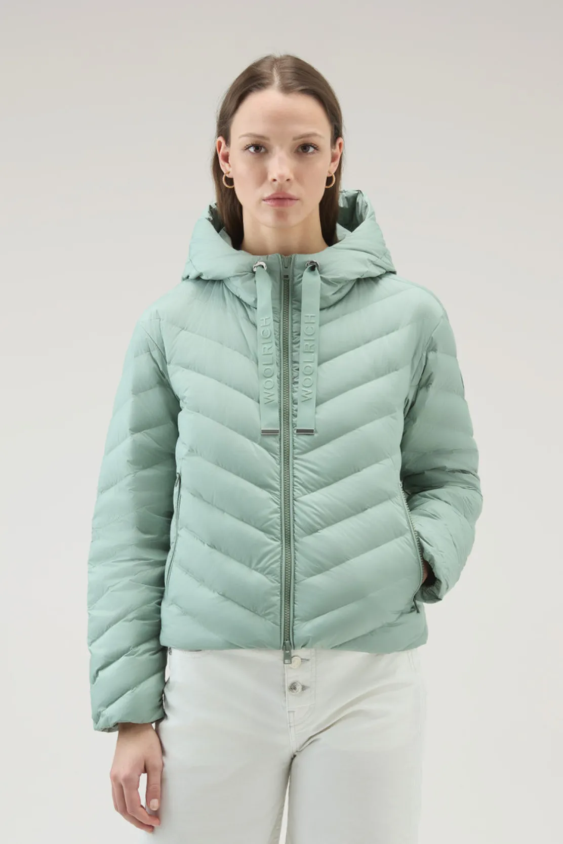 Piumini leggeri>Woolrich Giacca In Microfibra Con Trapuntatura Chevron E Cappuccio Sage