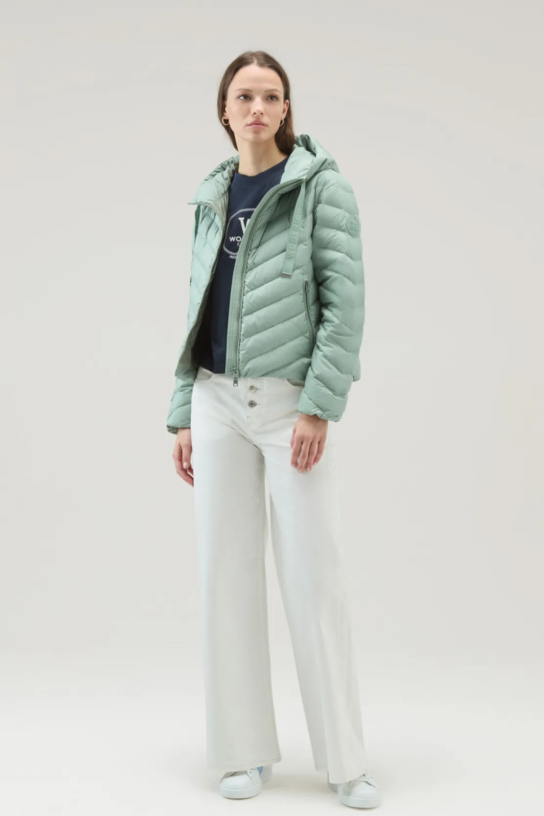 Piumini leggeri>Woolrich Giacca In Microfibra Con Trapuntatura Chevron E Cappuccio Sage