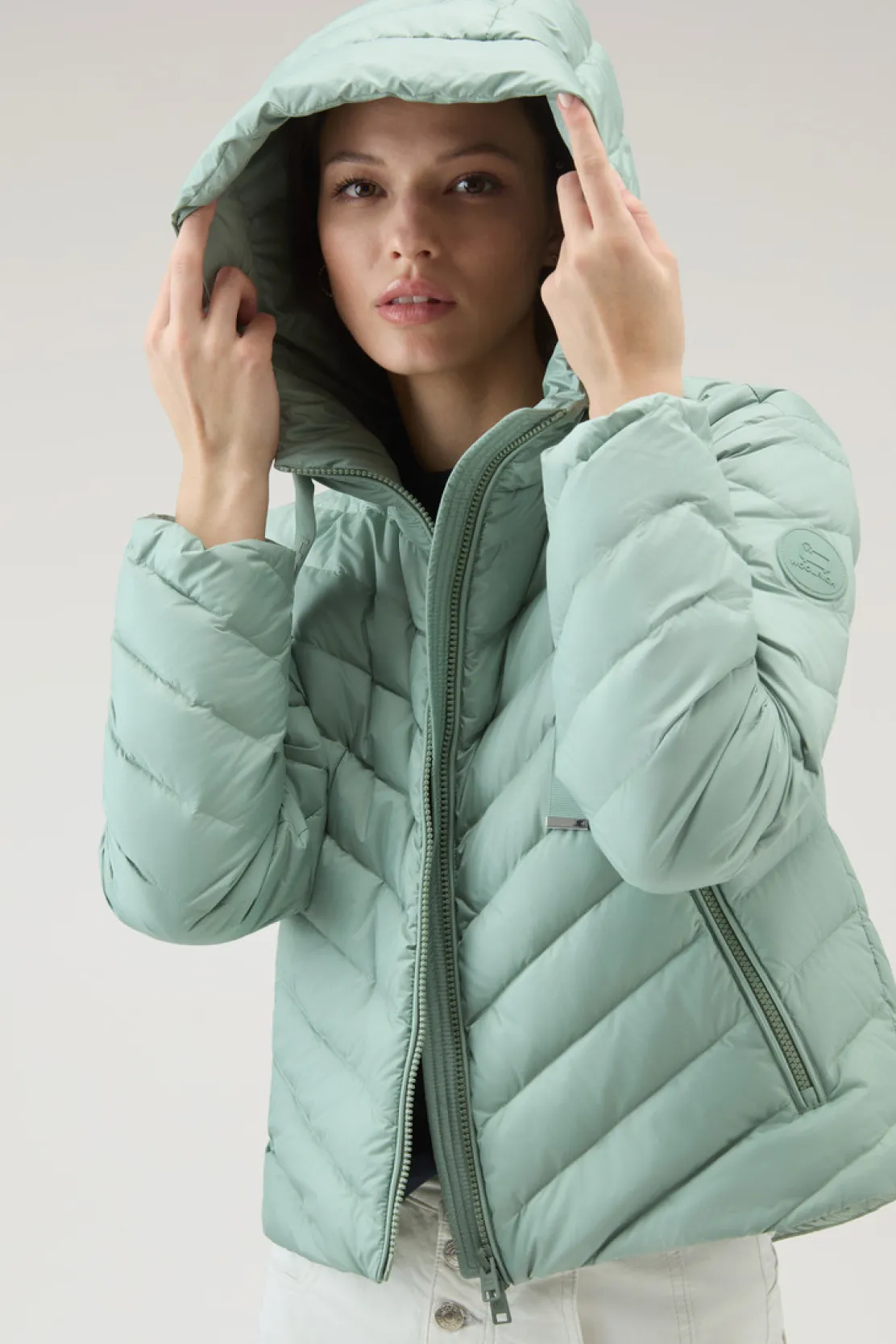 Piumini leggeri>Woolrich Giacca In Microfibra Con Trapuntatura Chevron E Cappuccio Sage