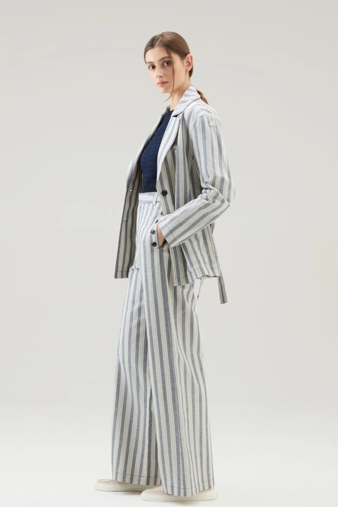 Camicie e giacche a camicia>Woolrich Giacca Marine In Cotone E Lino Melton Blue Stripe