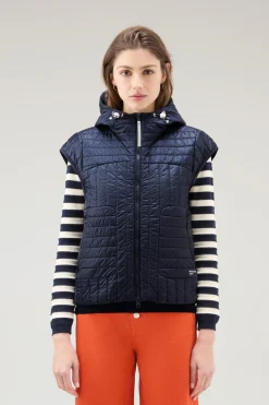 Gilet>Woolrich Gilet Trapuntato In Pertex Quantum Riciclato Con Cappuccio Melton Blue