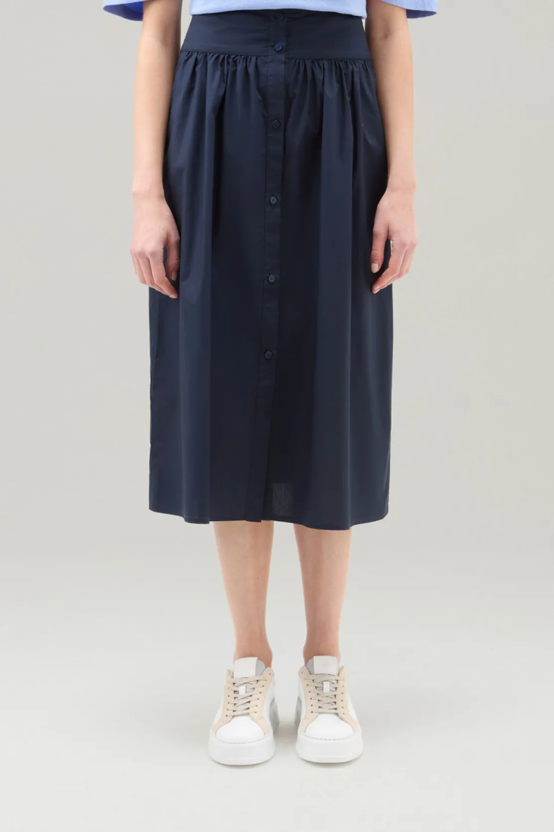 Vestiti e gonne>Woolrich Gonna Midi In Popeline Di Puro Cotone Melton Blue