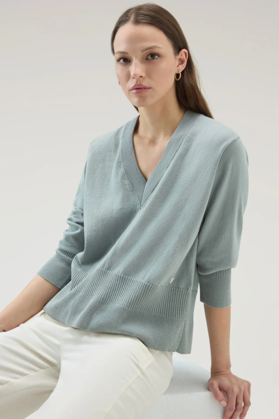 Maglieria>Woolrich Maglia Con Scollo A V In Cotone E Cashmere Sage