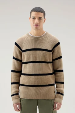 Maglieria>Woolrich Maglia Girocollo A Righe In Puro Cotone Beach Sand Stripe