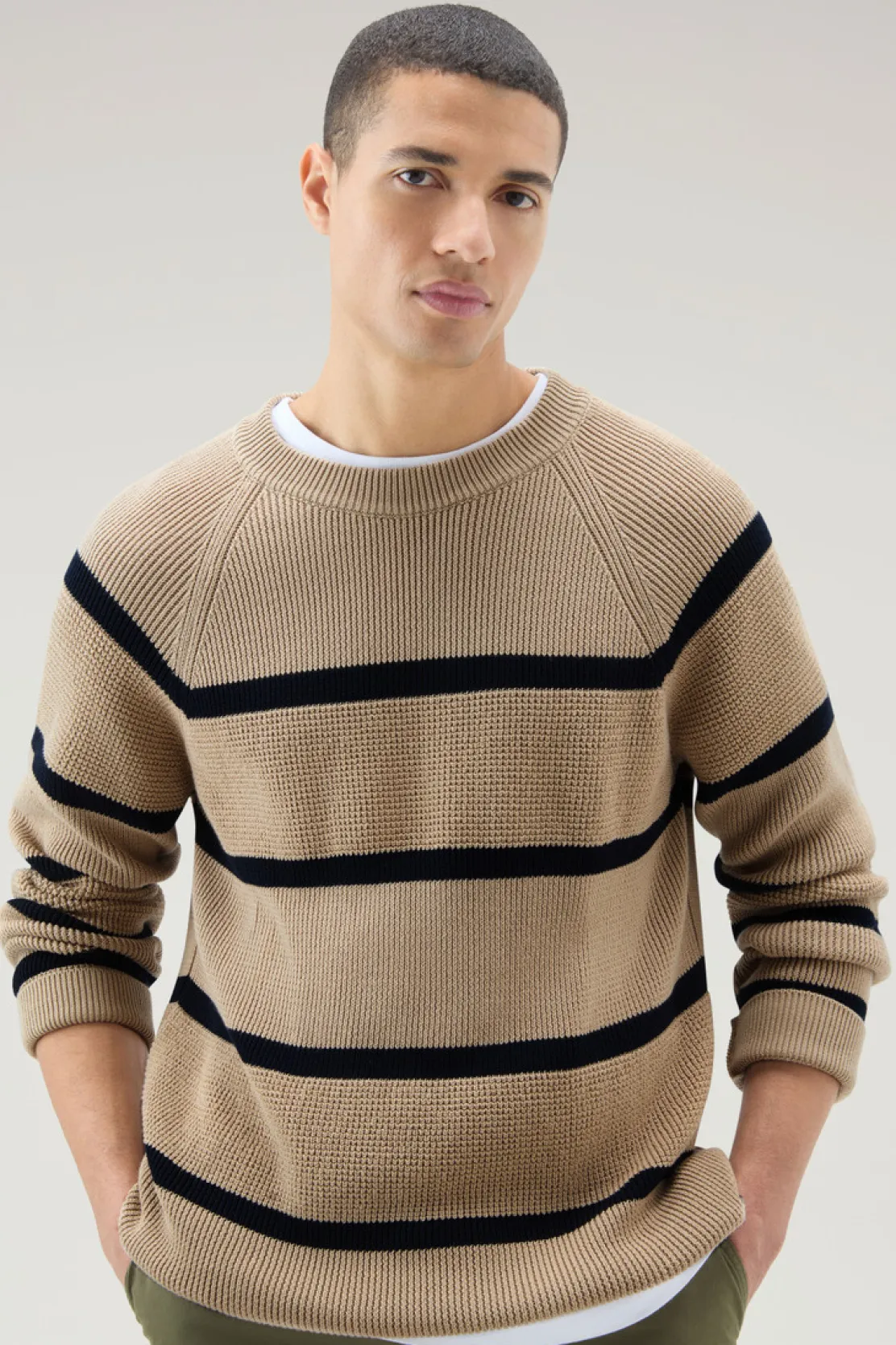 Maglieria>Woolrich Maglia Girocollo A Righe In Puro Cotone Beach Sand Stripe