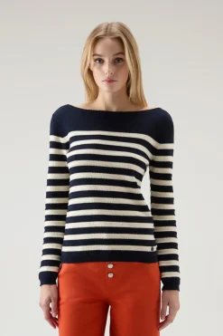 Maglieria>Woolrich Maglia In Puro Cotone Con Scollo A Barca Melton Blue Medium