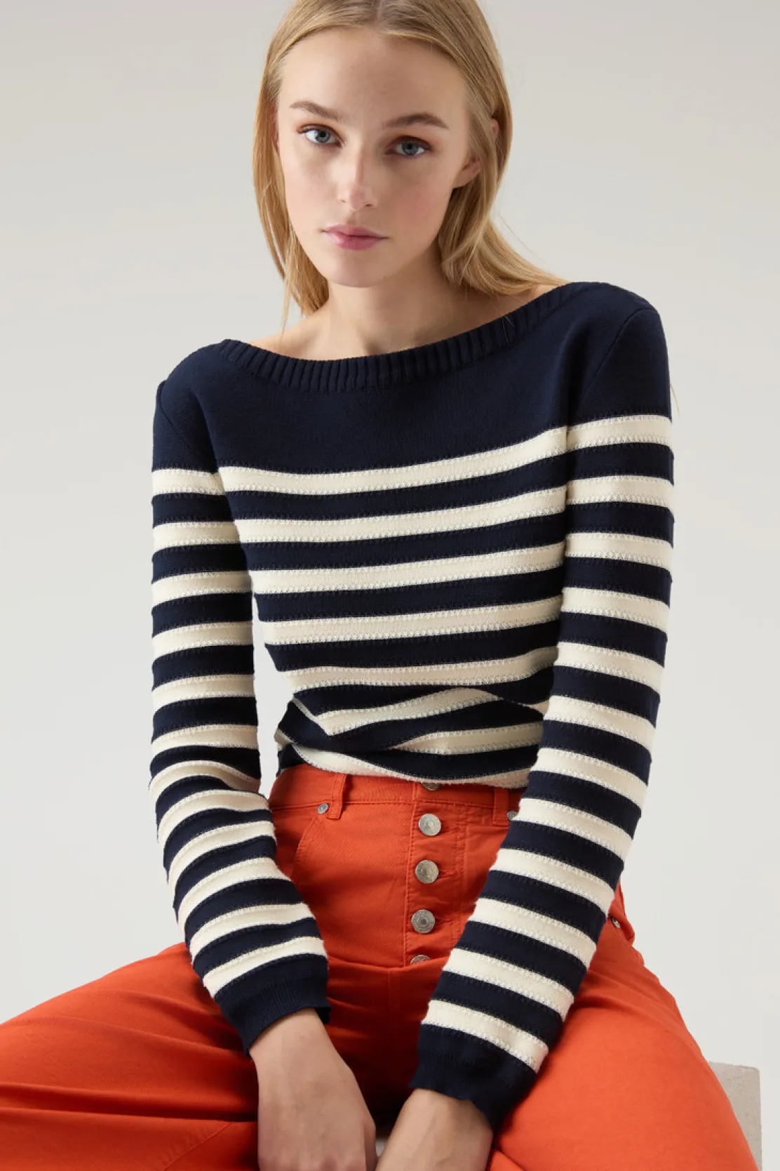 Maglieria>Woolrich Maglia In Puro Cotone Con Scollo A Barca Melton Blue Medium