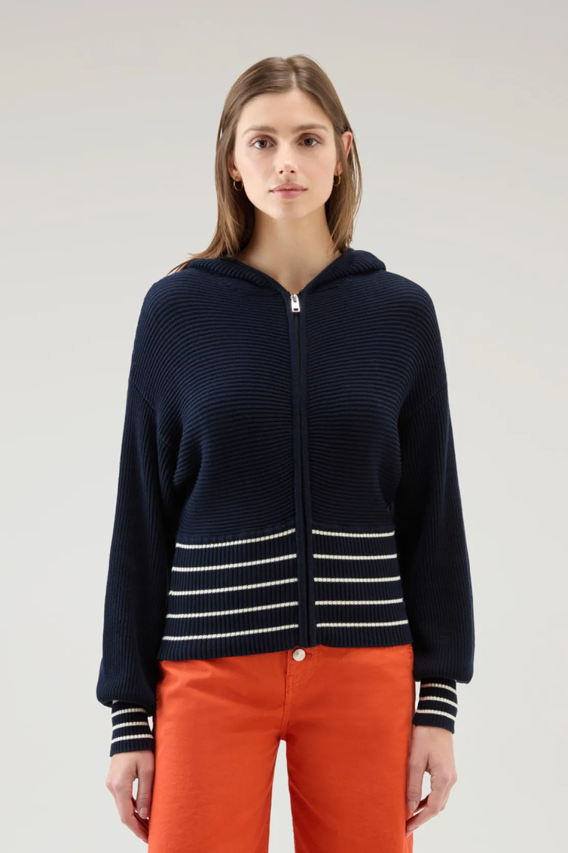 Maglieria>Woolrich Maglia In Puro Cotone Con Cappuccio E Zip Melton Blue Cream Stripe