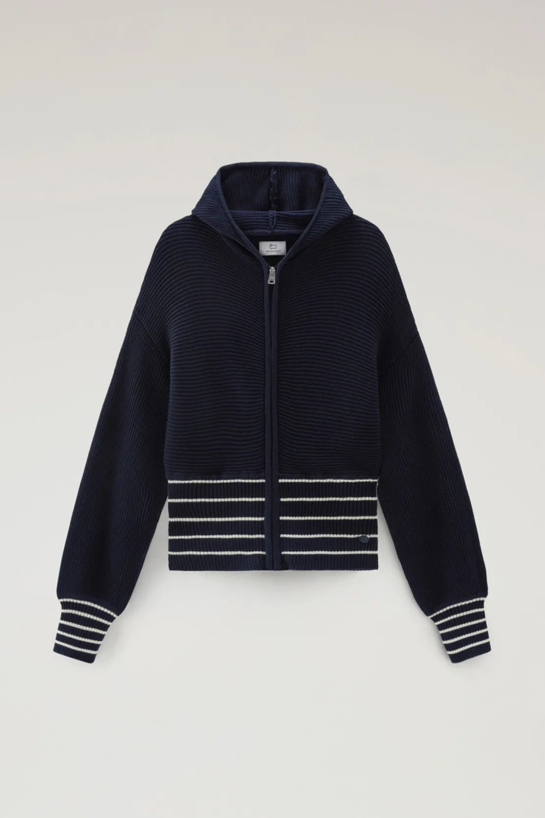 Maglieria>Woolrich Maglia In Puro Cotone Con Cappuccio E Zip Melton Blue Cream Stripe
