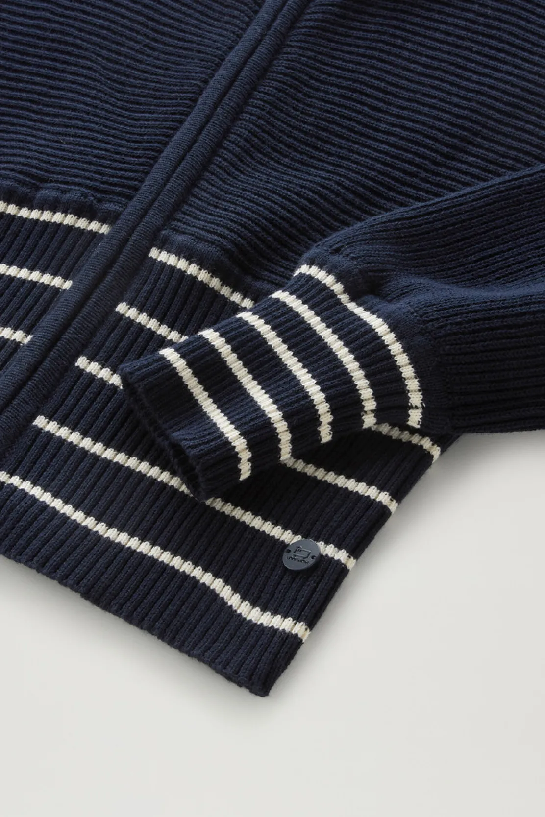 Maglieria>Woolrich Maglia In Puro Cotone Con Cappuccio E Zip Melton Blue Cream Stripe