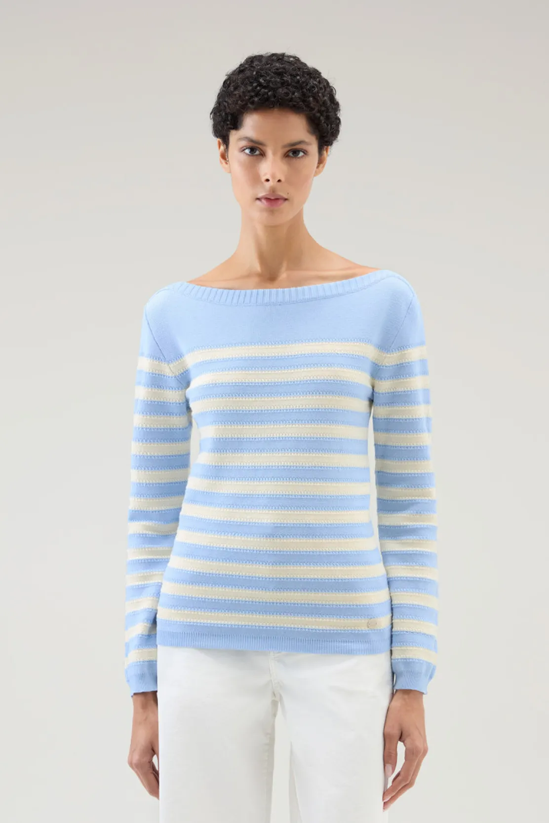 Maglieria>Woolrich Maglia In Puro Cotone Con Scollo A Barca Sea Breeze Stripe