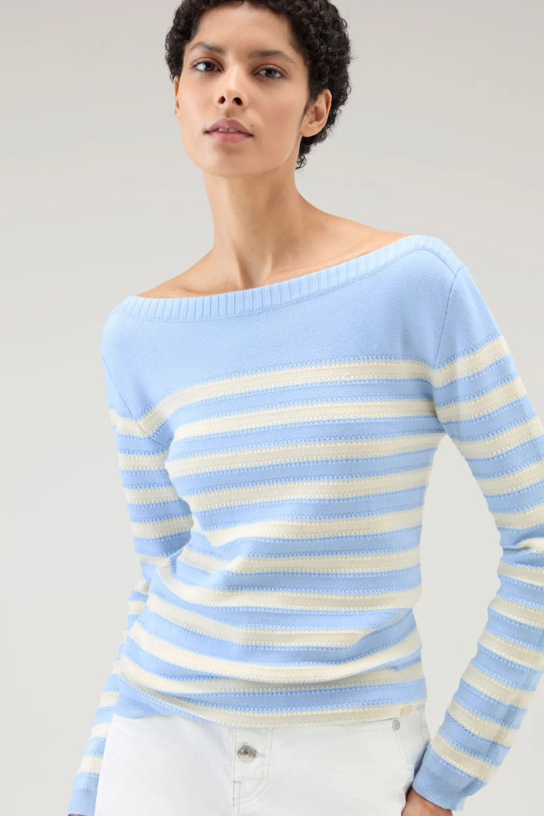 Maglieria>Woolrich Maglia In Puro Cotone Con Scollo A Barca Sea Breeze Stripe