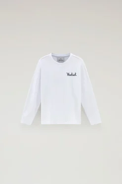 Abbigliamento>Woolrich Maglietta A Maniche Lunghe Da Bambino In Puro Cotone Bright White