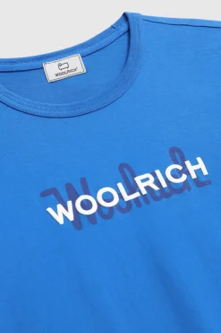 T-shirt>Woolrich Maglietta In Puro Cotone Con Maxi Logo Ocean Blue