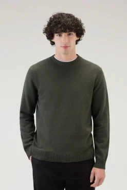 Maglieria>Woolrich Maglione Girocollo Tinto In Capo In Pura Lana Vergine Dark Green