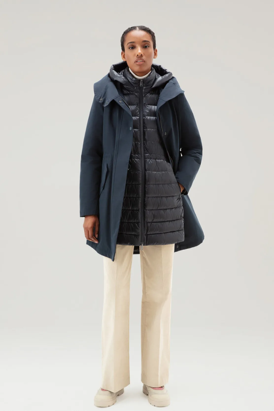 Parka>Woolrich Military Parka 3 In 1 In Ramar Cloth Con Giacca Trapuntata Removibile Melton Blue
