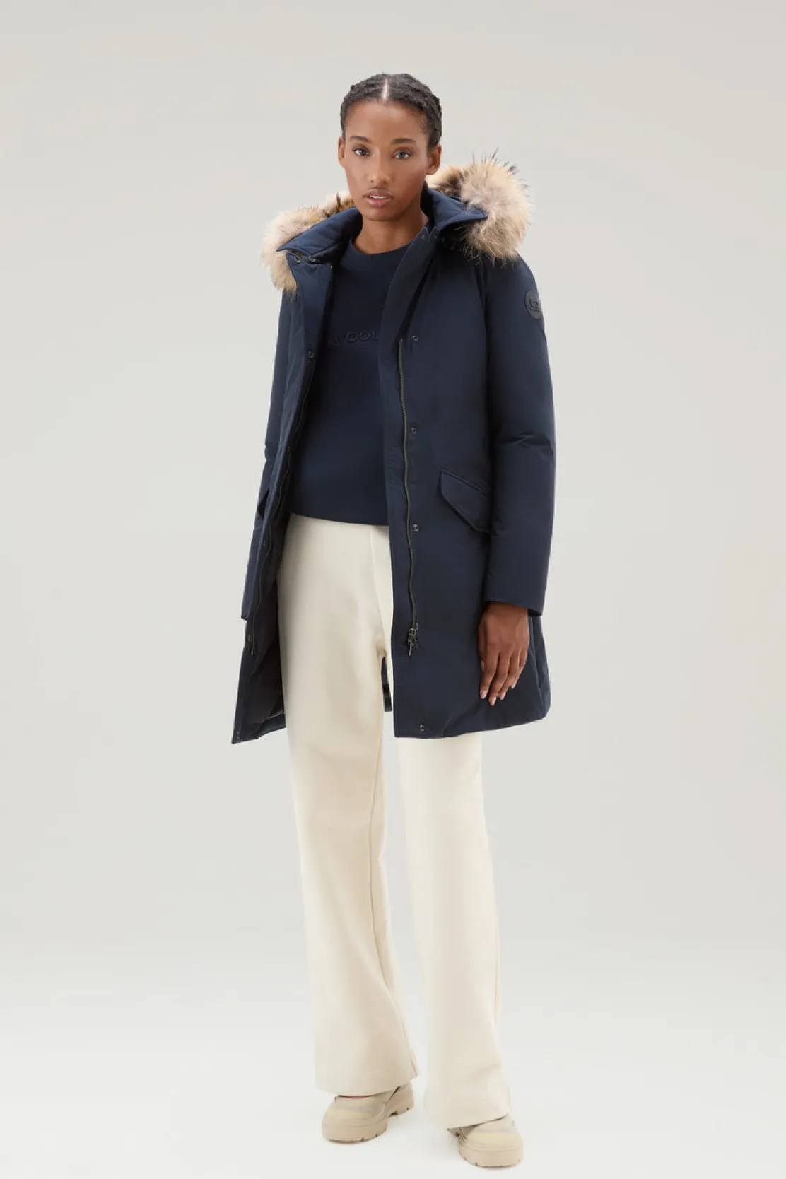 Parka>Woolrich Modern Vail Parka Con Cappuccio Staccabile Melton Blue