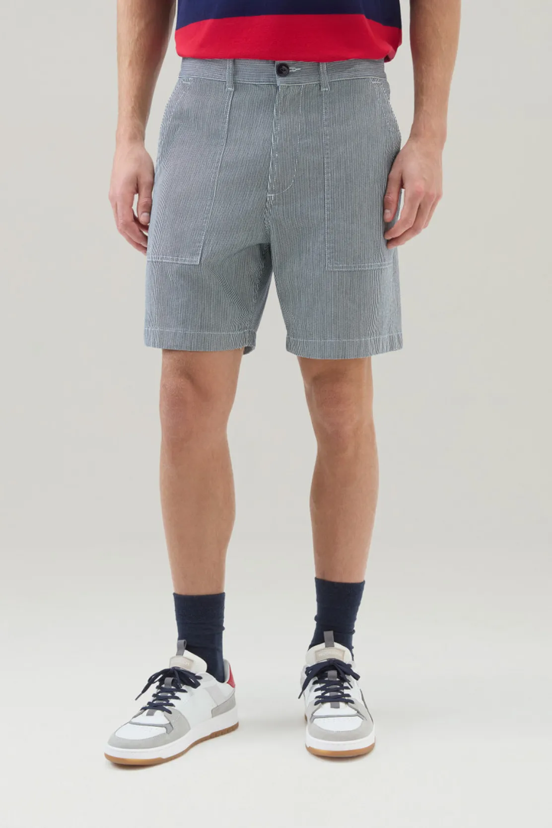 Pantaloni e pantaloncini>Woolrich Pantaloncini Chino A Righe In Misto Cotone Elasticizzato Blue Stripe