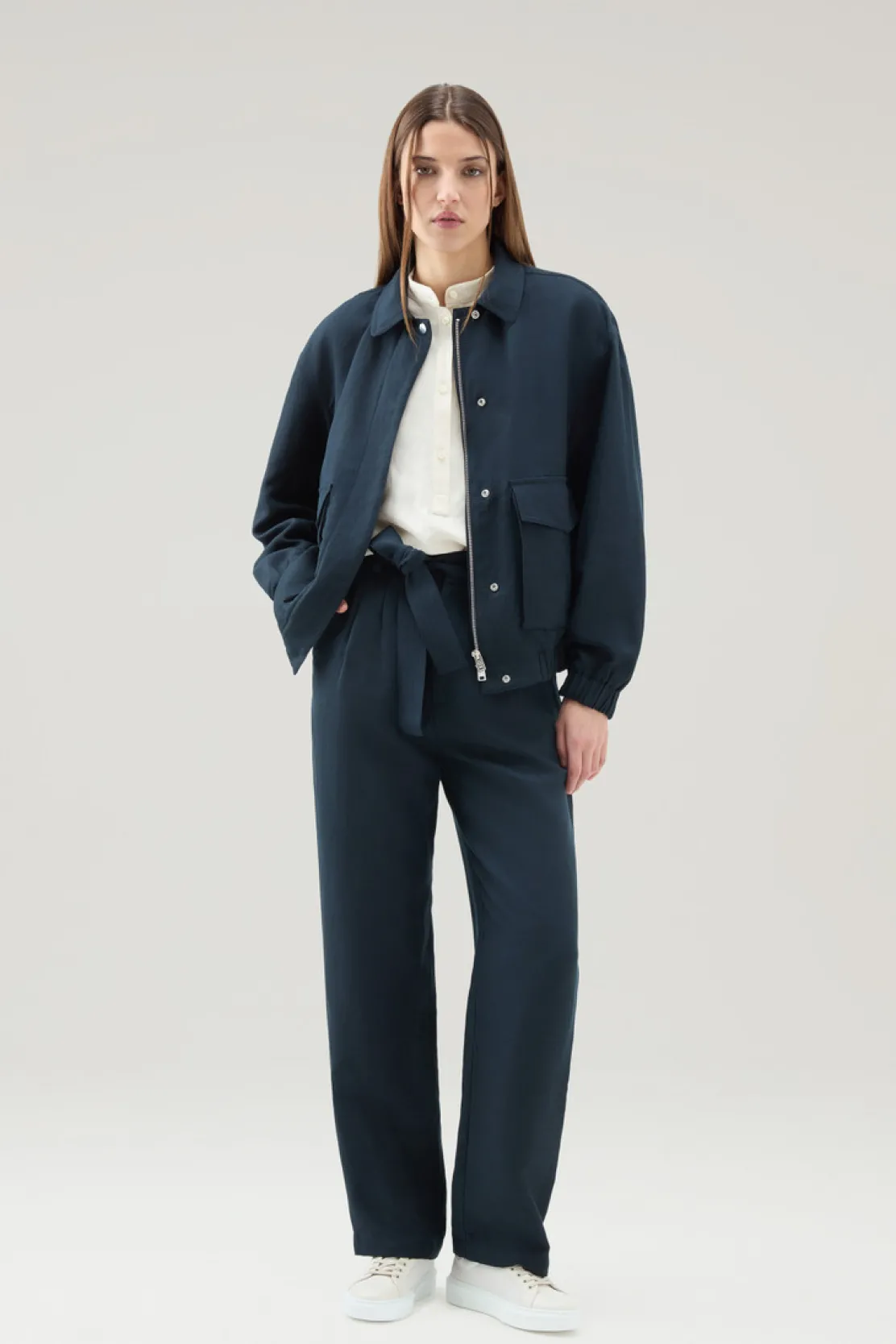 Pantaloni e pantaloncini>Woolrich Pantaloni In Misto Lino Con Cintura In Tessuto Melton Blue