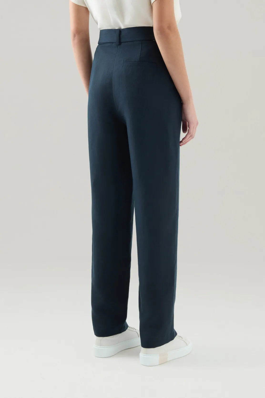 Pantaloni e pantaloncini>Woolrich Pantaloni In Misto Lino Con Cintura In Tessuto Melton Blue