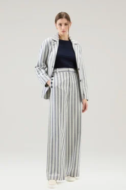 Pantaloni e pantaloncini>Woolrich Pantaloni Marine In Misto Cotone E Lino Melton Blue Stripe