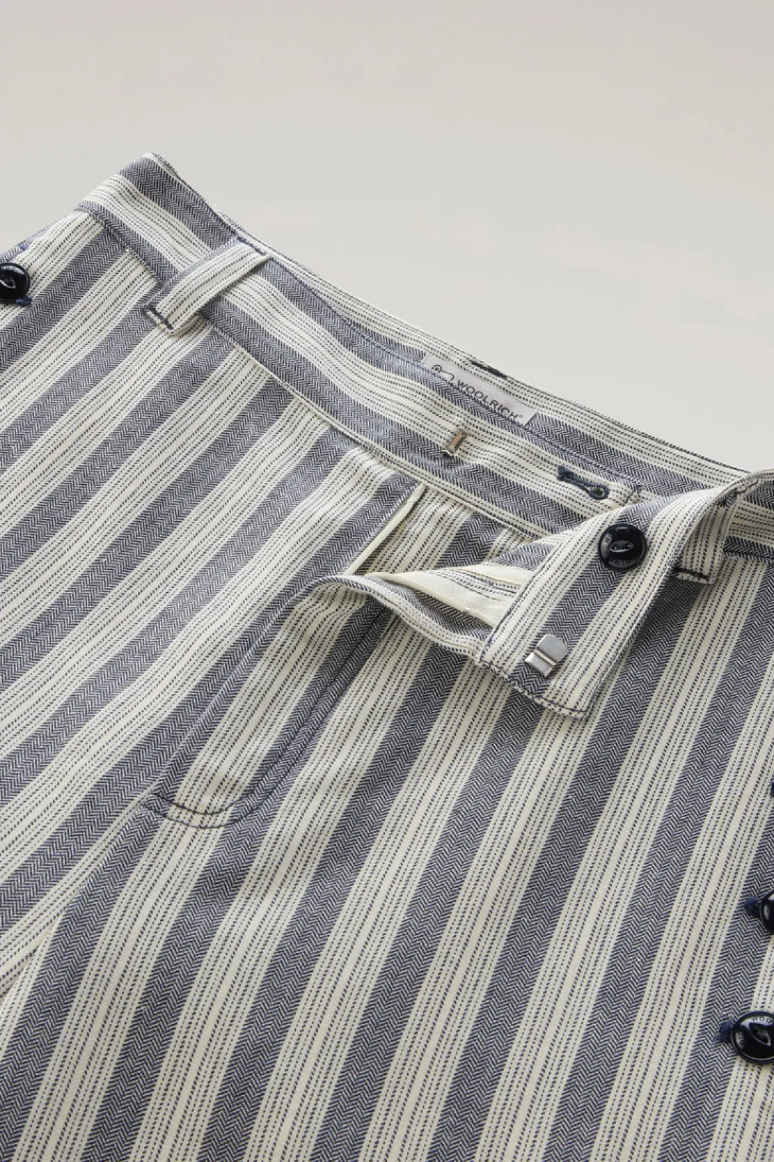 Pantaloni e pantaloncini>Woolrich Pantaloni Marine In Misto Cotone E Lino Melton Blue Stripe