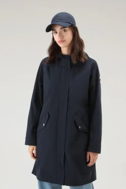 Parka>Woolrich Parka Estivo Lungo In Tessuto Urban Touch Con Cappuccio Melton Blue