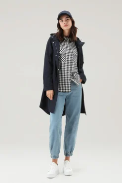 Parka>Woolrich Parka Estivo Lungo In Tessuto Urban Touch Con Cappuccio Melton Blue