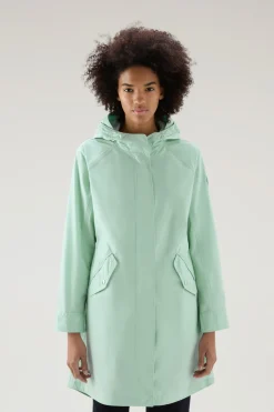 Parka>Woolrich Parka Estivo Lungo In Tessuto Urban Touch Con Cappuccio Harbor Green