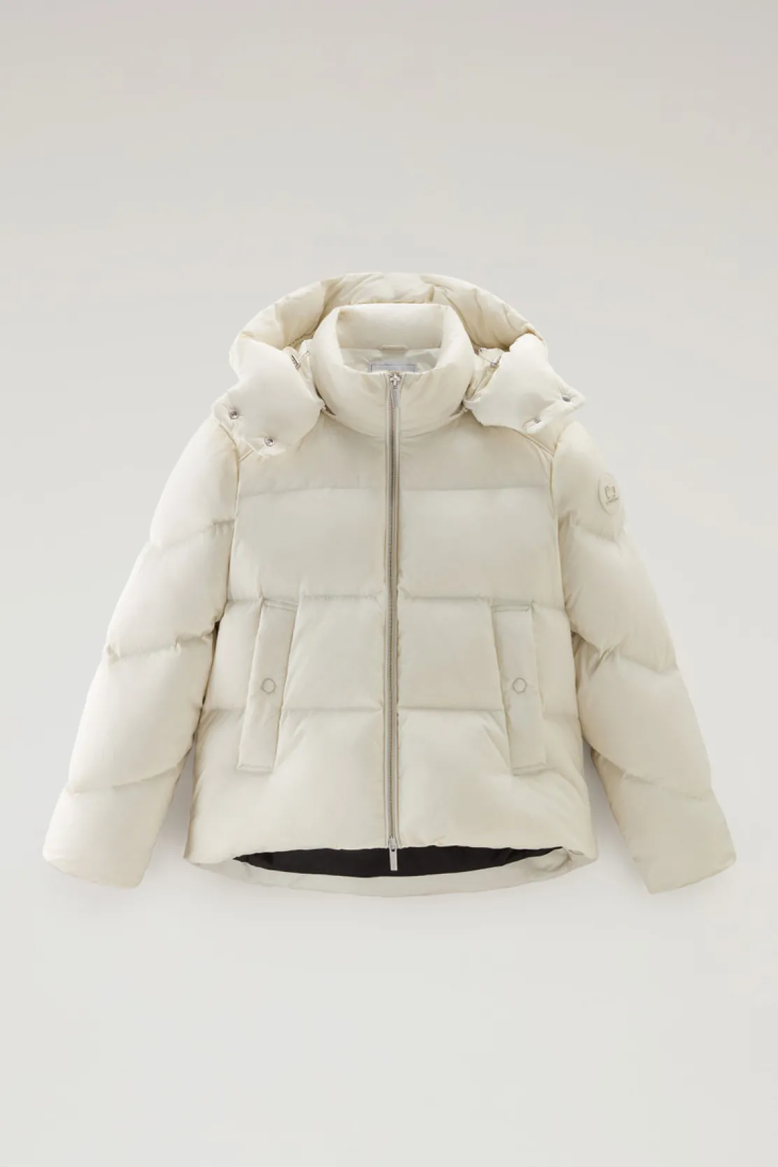 Piumini>Woolrich Piumino Alsea Corto In Nylon Elasticizzato Con Cappuccio Staccabile Milky Cream