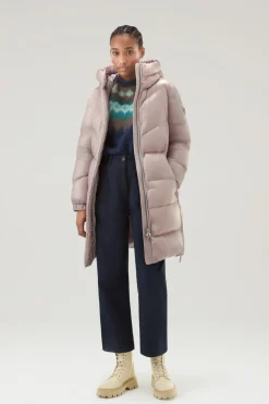 Piumini>Woolrich Piumino Lungo Aliquippa In Nylon Lucido Light Taupe