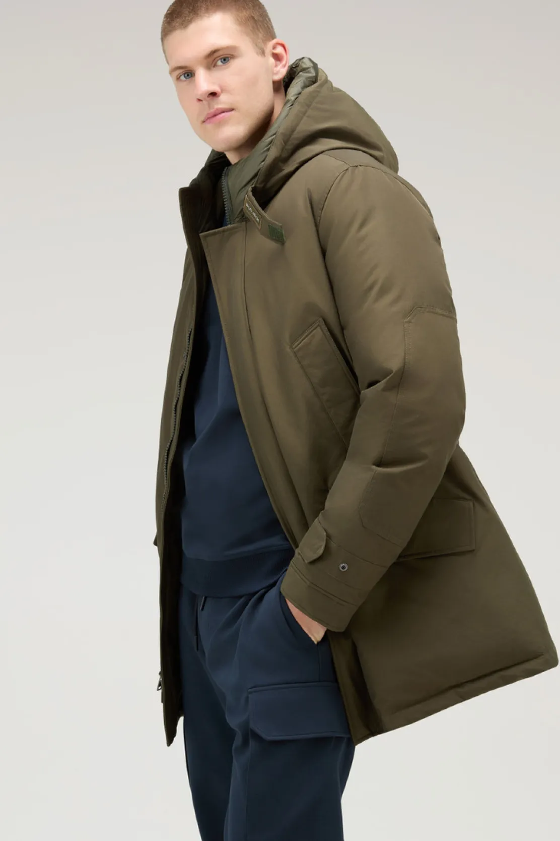 Parka>Woolrich Polar Parka In Ramar Cloth Con Collo Alto Dark Green