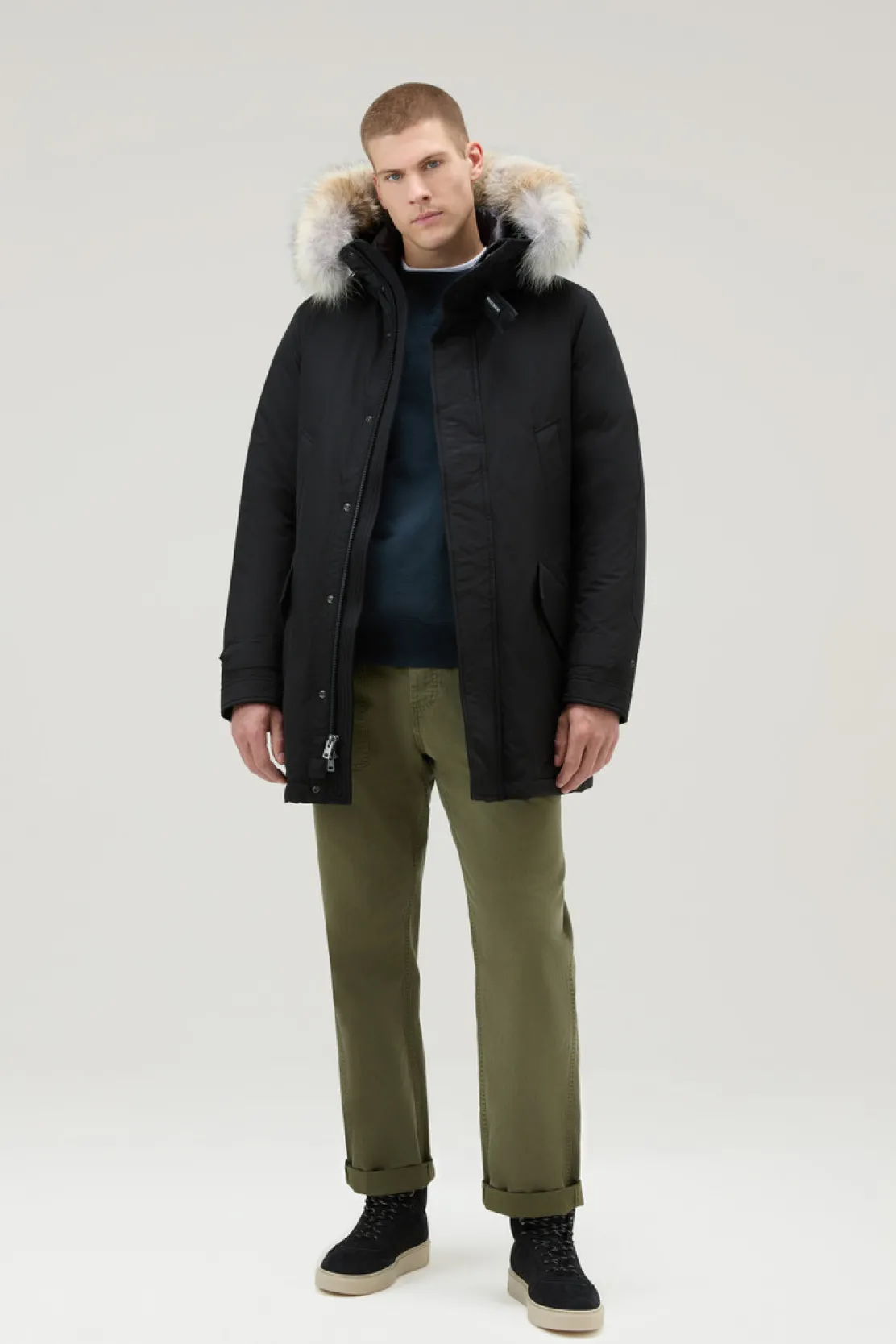 Parka>Woolrich Polar Parka In Ramar Cloth Con Collo Alto E Bordo In Pelliccia Black