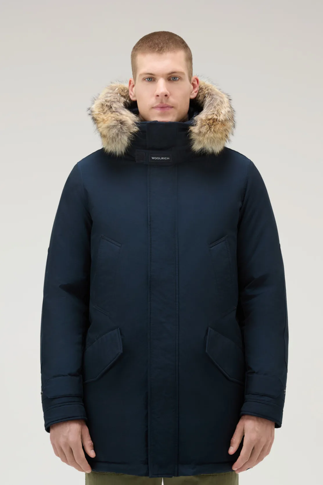 Parka>Woolrich Polar Parka In Ramar Cloth Con Collo Alto E Bordo In Pelliccia Melton Blue