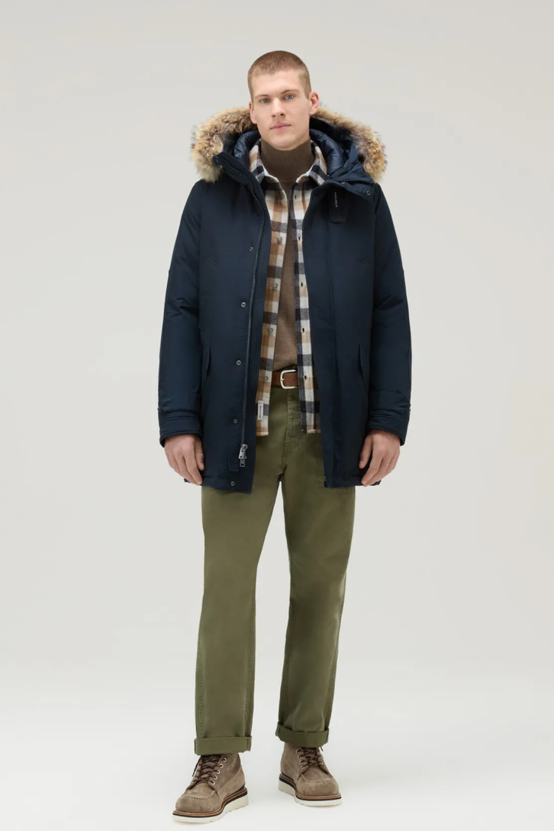 Parka>Woolrich Polar Parka In Ramar Cloth Con Collo Alto E Bordo In Pelliccia Melton Blue