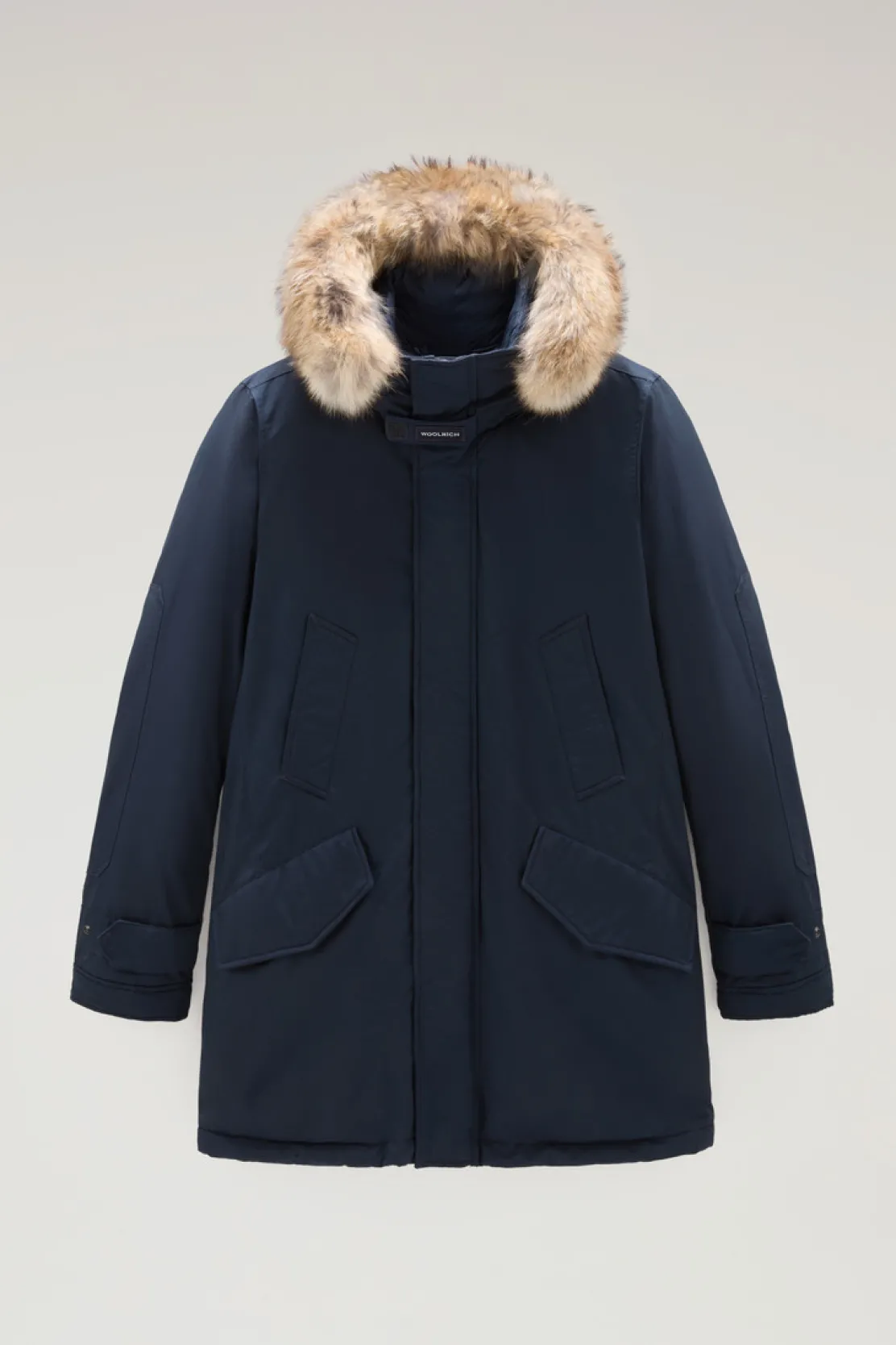 Parka>Woolrich Polar Parka In Ramar Cloth Con Collo Alto E Bordo In Pelliccia Melton Blue