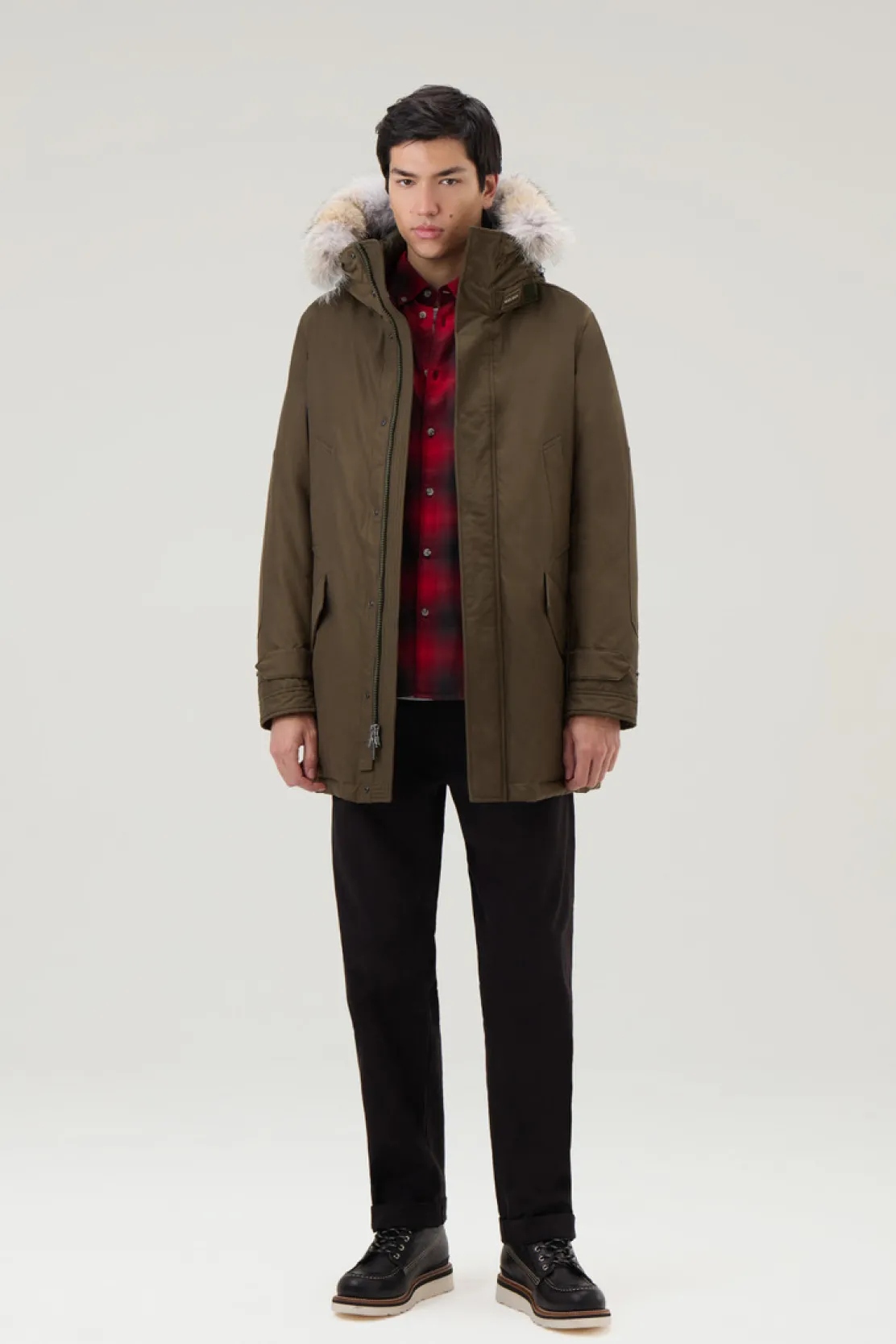 Parka>Woolrich Polar Parka In Ramar Cloth Con Collo Alto E Bordo In Pelliccia Dark Green