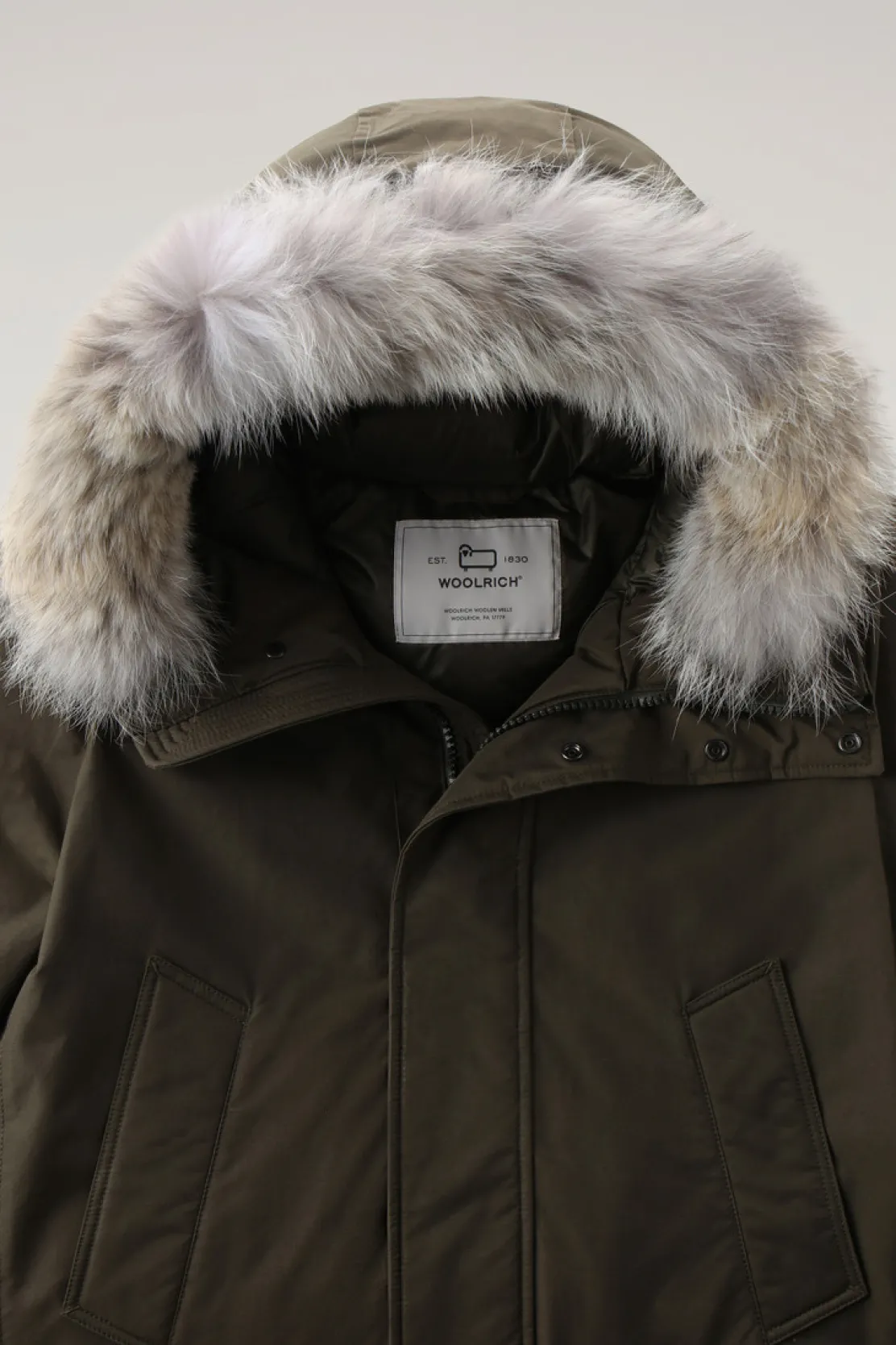 Parka>Woolrich Polar Parka In Ramar Cloth Con Collo Alto E Bordo In Pelliccia Dark Green