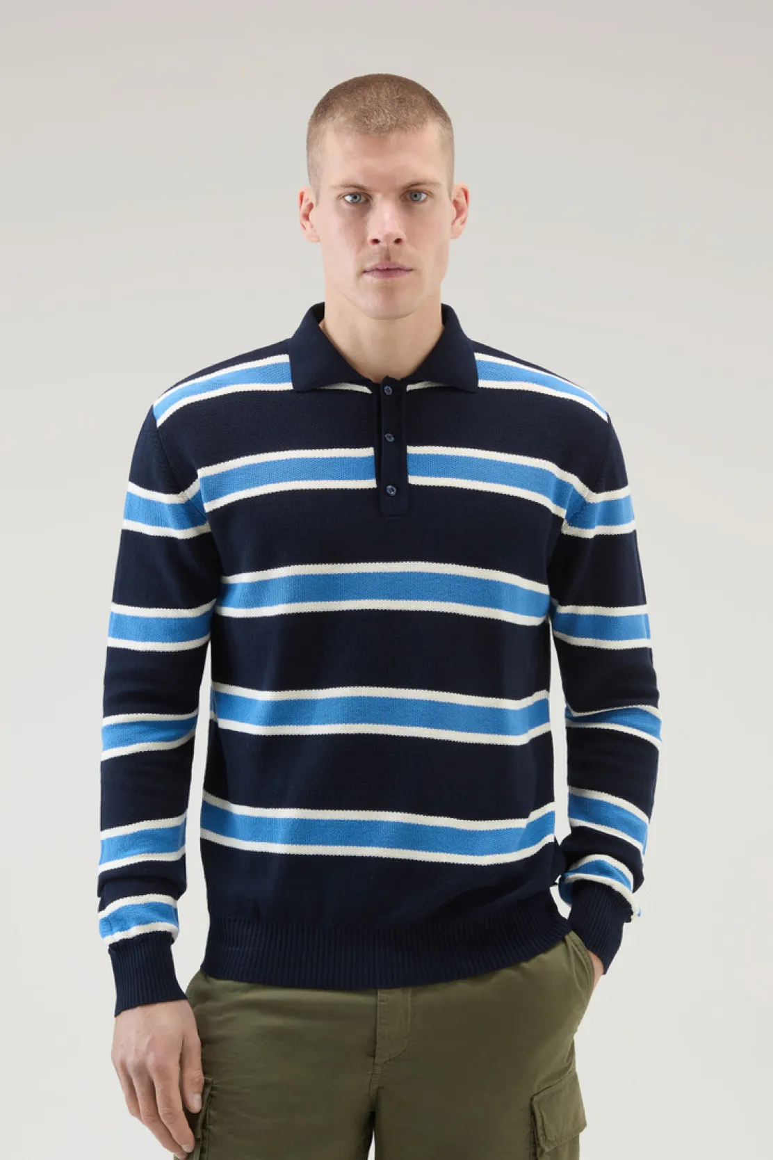 Maglieria>Woolrich Polo In Maglia A Maniche Lunghe Melton Blue Stripe