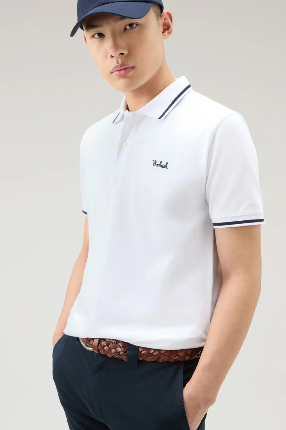Polo>Woolrich Polo Monterey In Piquet Di Cotone Elasticizzato Con Bordi A Righe Bright White