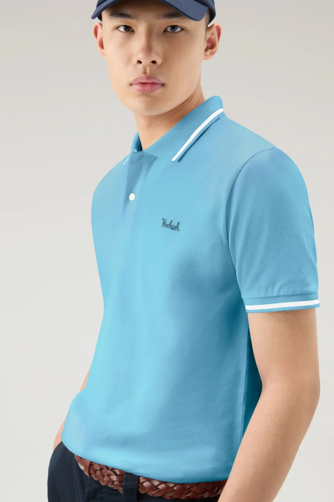 Polo>Woolrich Polo Monterey In Piquet Di Cotone Elasticizzato Con Bordi A Righe Alaskan Blue