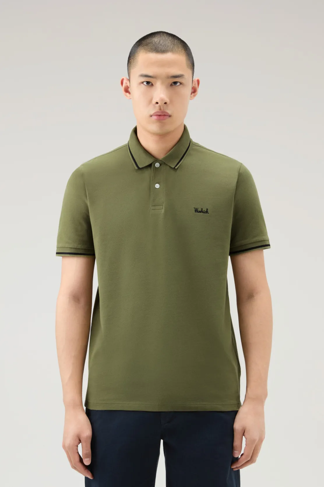 Polo>Woolrich Polo Monterey In Piquet Di Cotone Elasticizzato Con Bordi A Righe Lake Olive