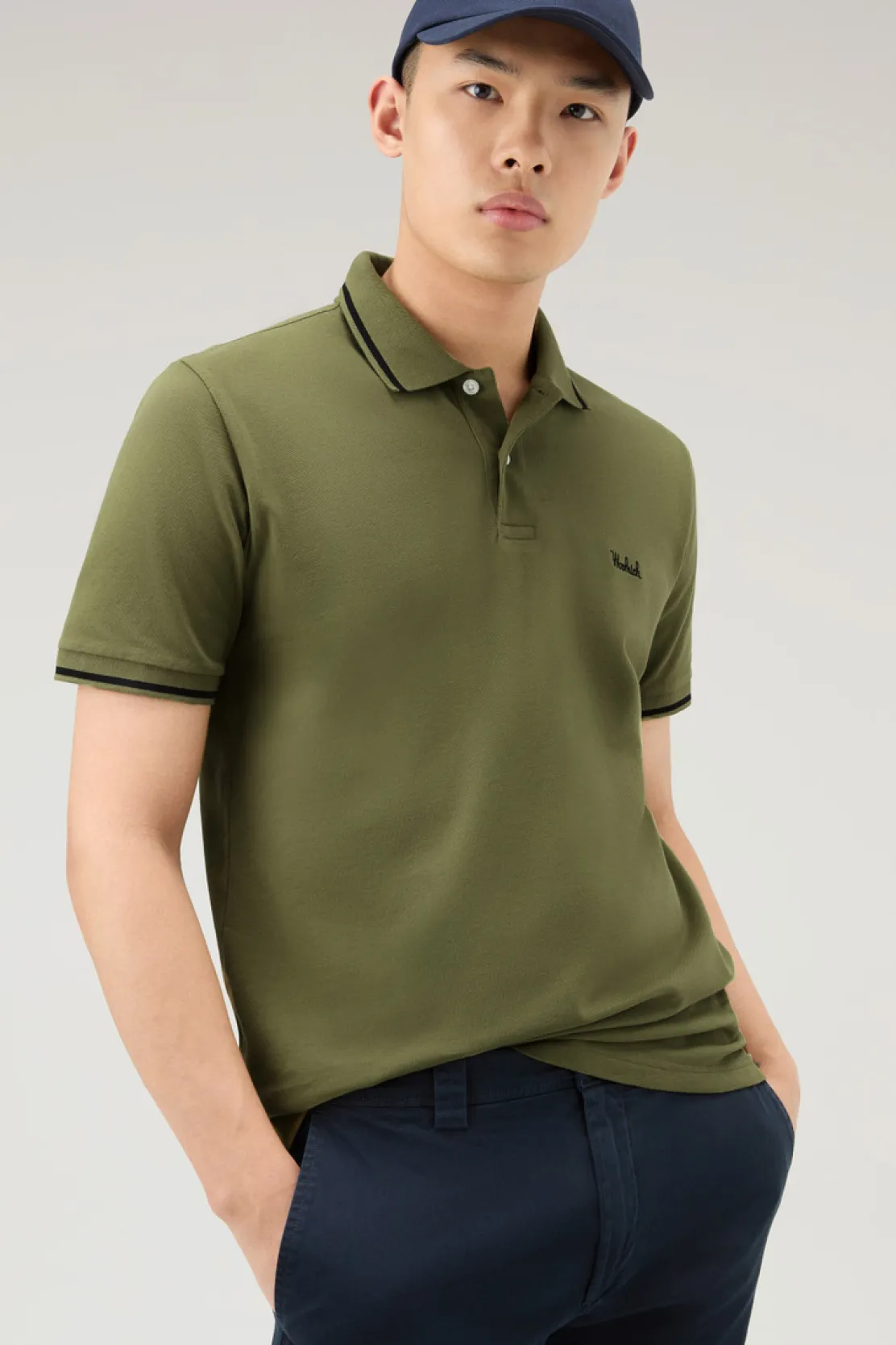 Polo>Woolrich Polo Monterey In Piquet Di Cotone Elasticizzato Con Bordi A Righe Lake Olive