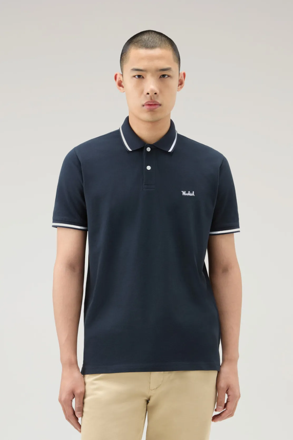 Polo>Woolrich Polo Monterey In Piquet Di Cotone Elasticizzato Con Bordi A Righe Melton Blue