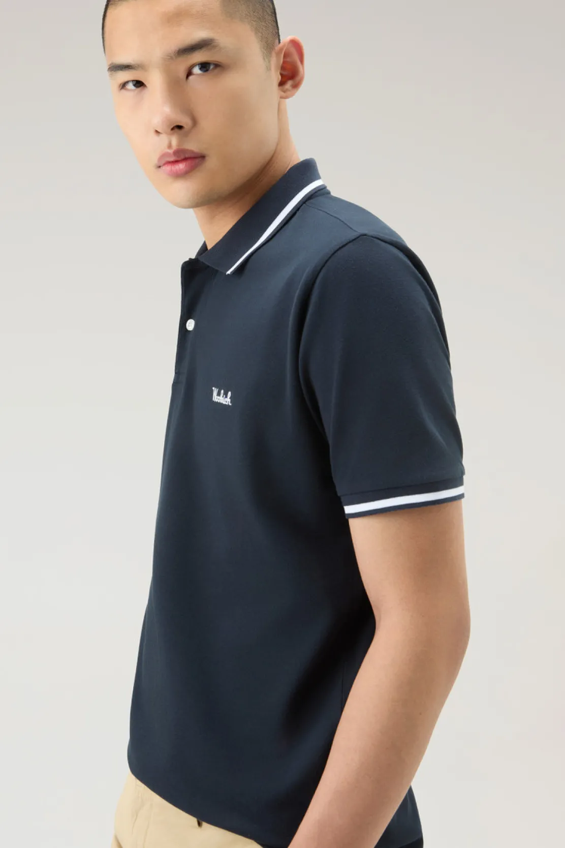 Polo>Woolrich Polo Monterey In Piquet Di Cotone Elasticizzato Con Bordi A Righe Melton Blue