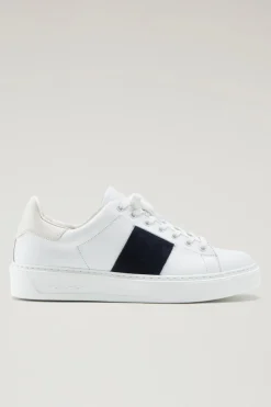 Sneakers>Woolrich Sneakers Classic Court In Pelle Con Banda In Pelle Scamosciata White Indaco