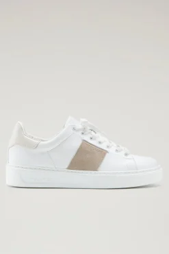 Sneakers>Woolrich Sneakers Classic Court In Pelle Con Banda In Pelle Scamosciata White Cream
