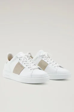 Sneakers>Woolrich Sneakers Classic Court In Pelle Con Banda In Pelle Scamosciata White  Cream