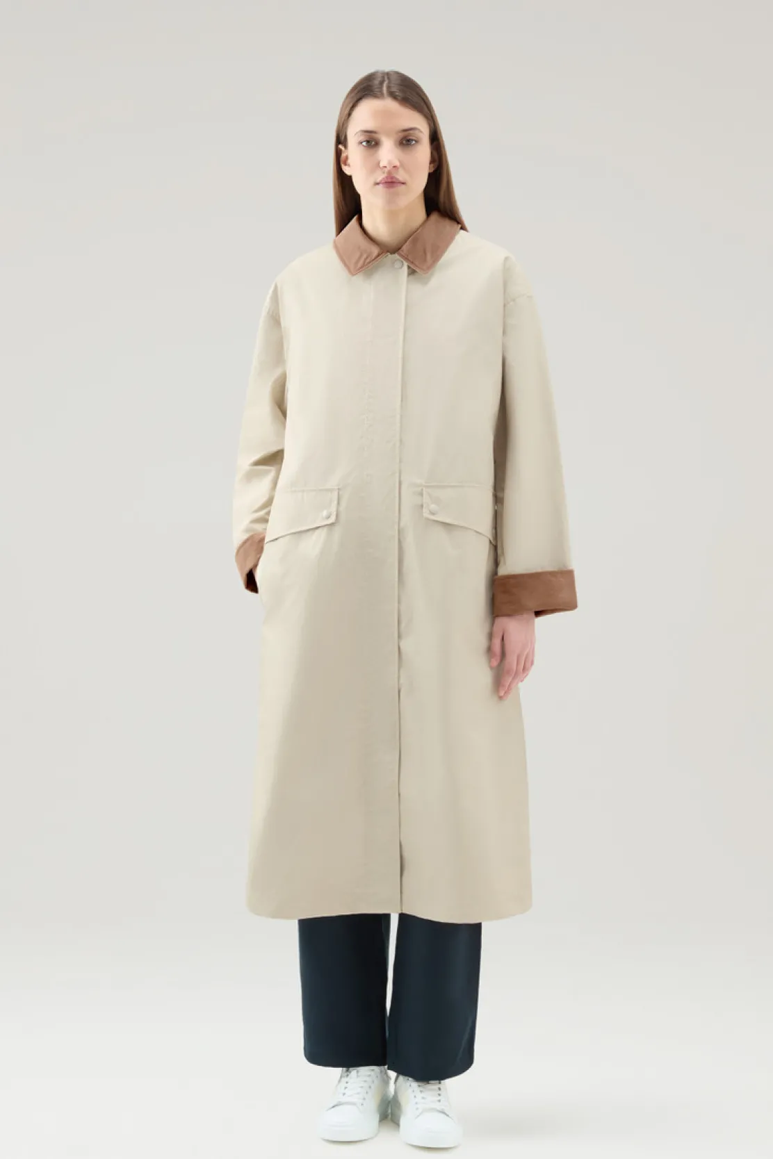 Cappotti>Woolrich Trench Waxed In Misto Cotone E Nylon Con Colletto A Punta Light Oak