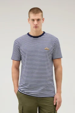 T-shirt>Woolrich T-shirt A Righe In Jersey Di Cotone Elasticizzato Blue Stripe